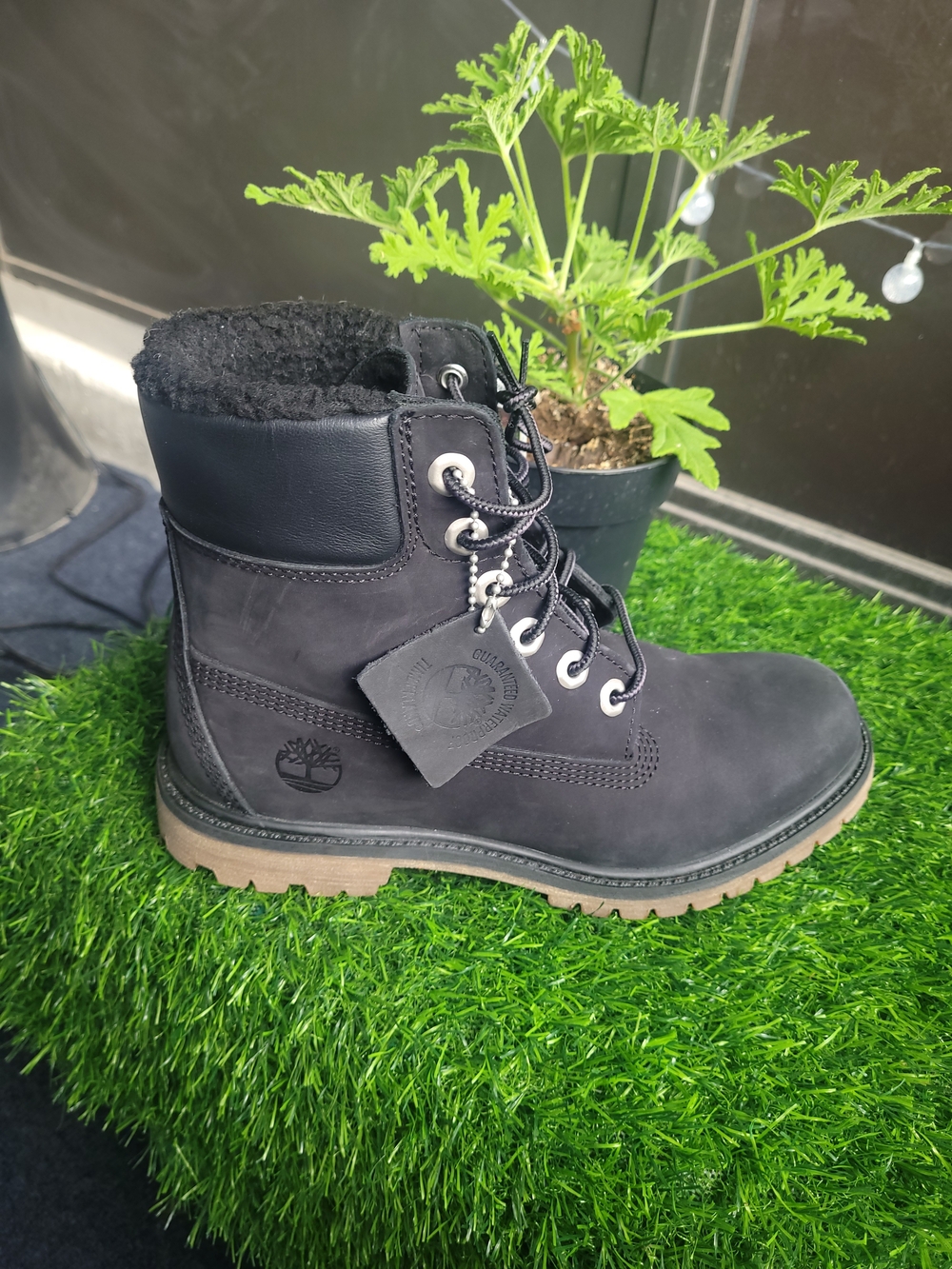 Timberland Black Nubuck Lace-Up Shearling Boot with Tan Sole